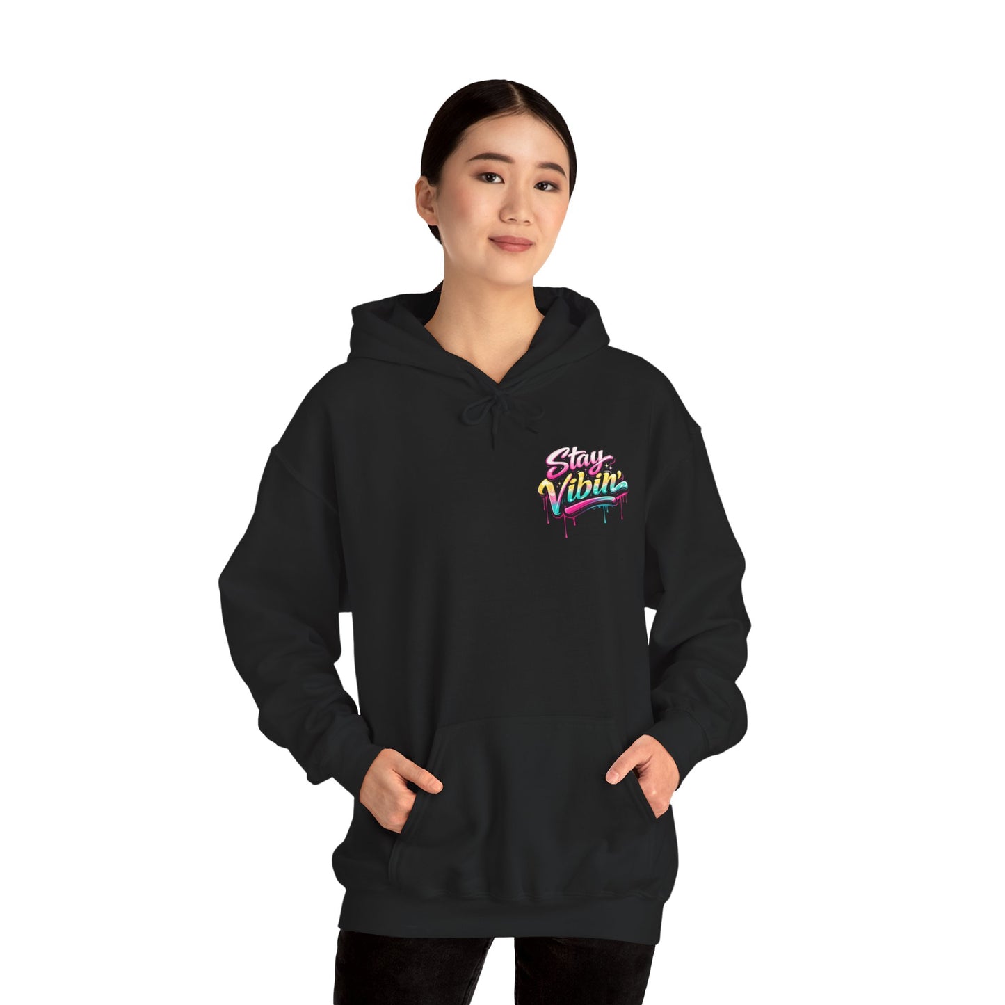 Stay Vibin' Hoodie — Retro Woman Peace Sign Graphic Pullover