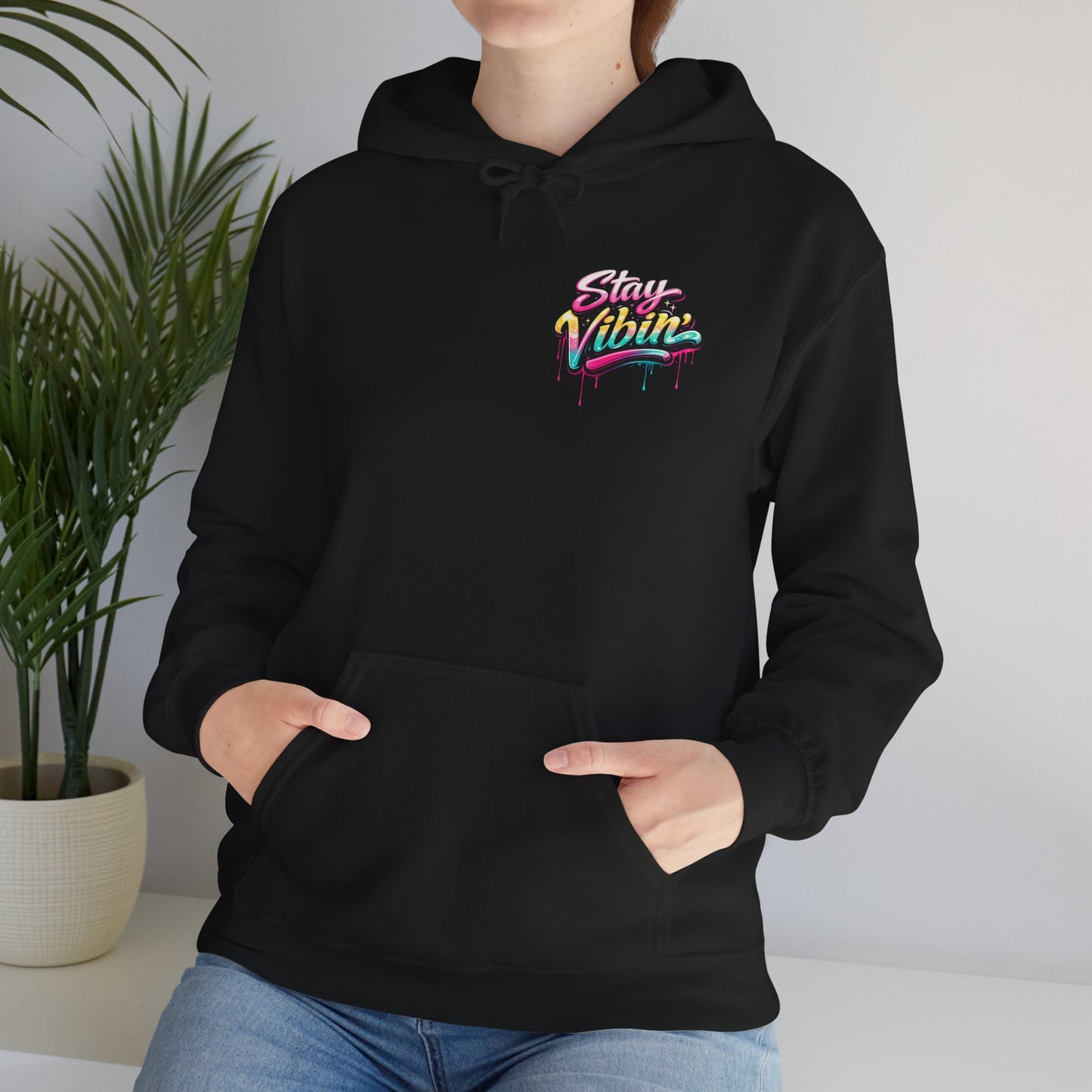 Stay Vibin' Hoodie — Retro Woman Peace Sign Graphic Pullover
