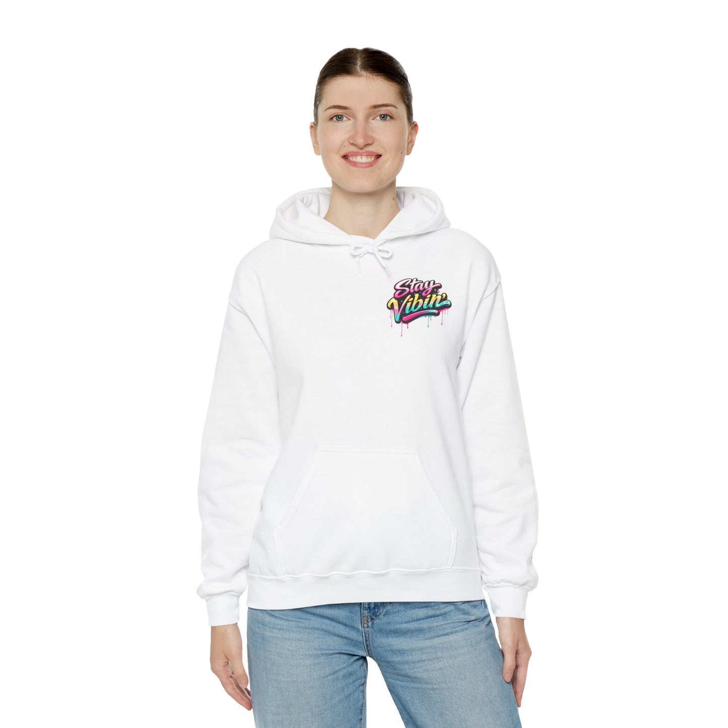Stay Vibin' Hoodie — Retro Woman Peace Sign Graphic Pullover