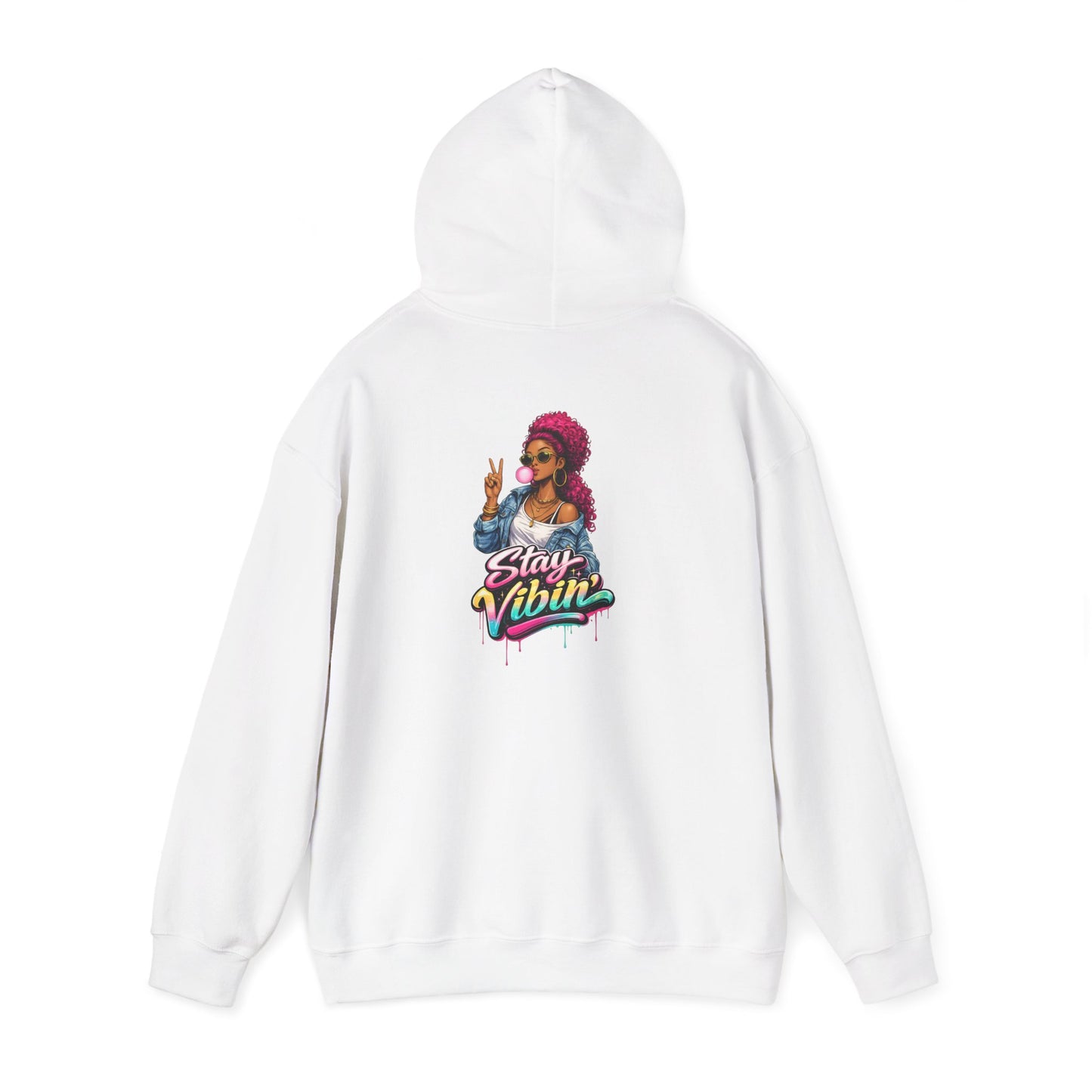 Stay Vibin' Hoodie — Retro Woman Peace Sign Graphic Pullover