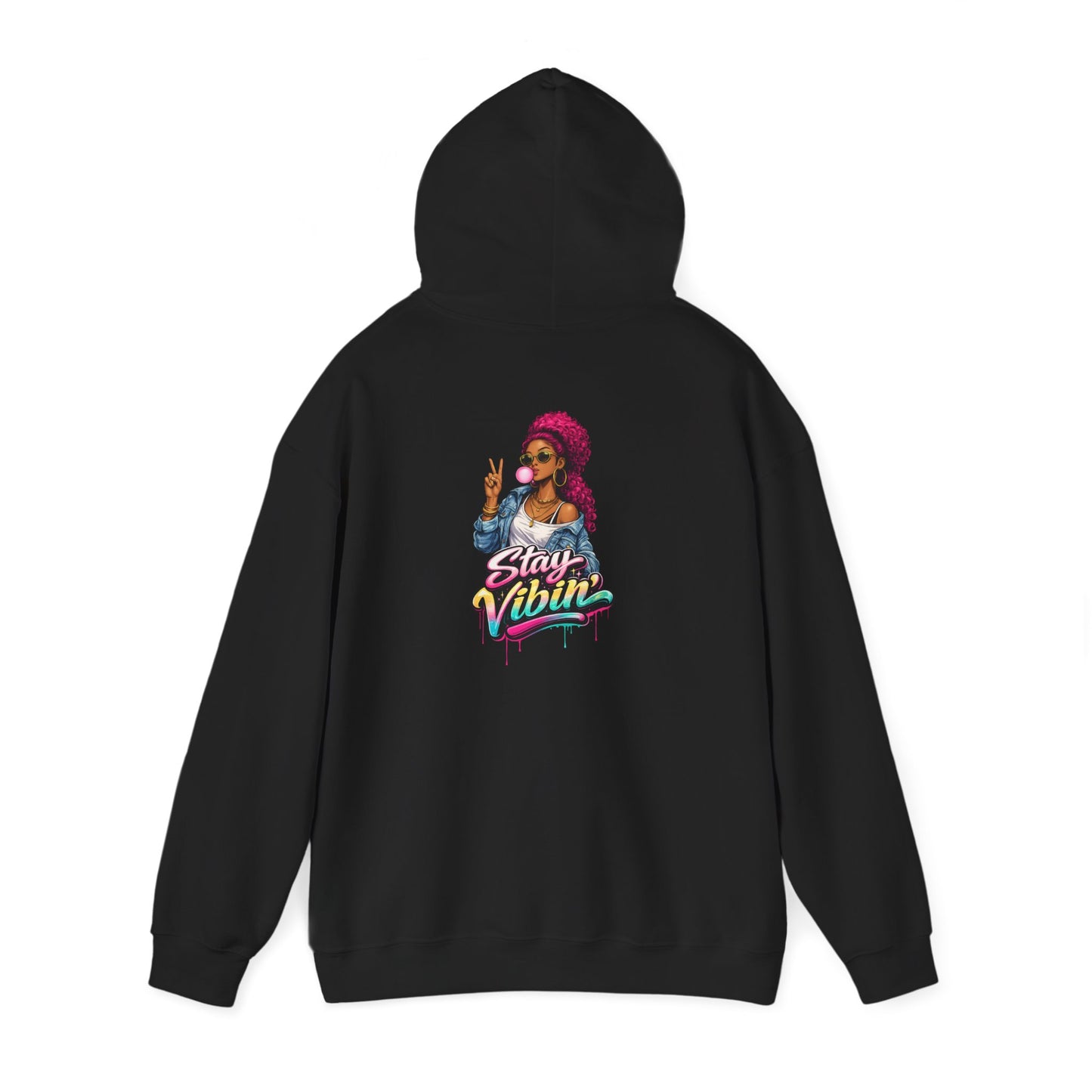 Stay Vibin' Hoodie — Retro Woman Peace Sign Graphic Pullover