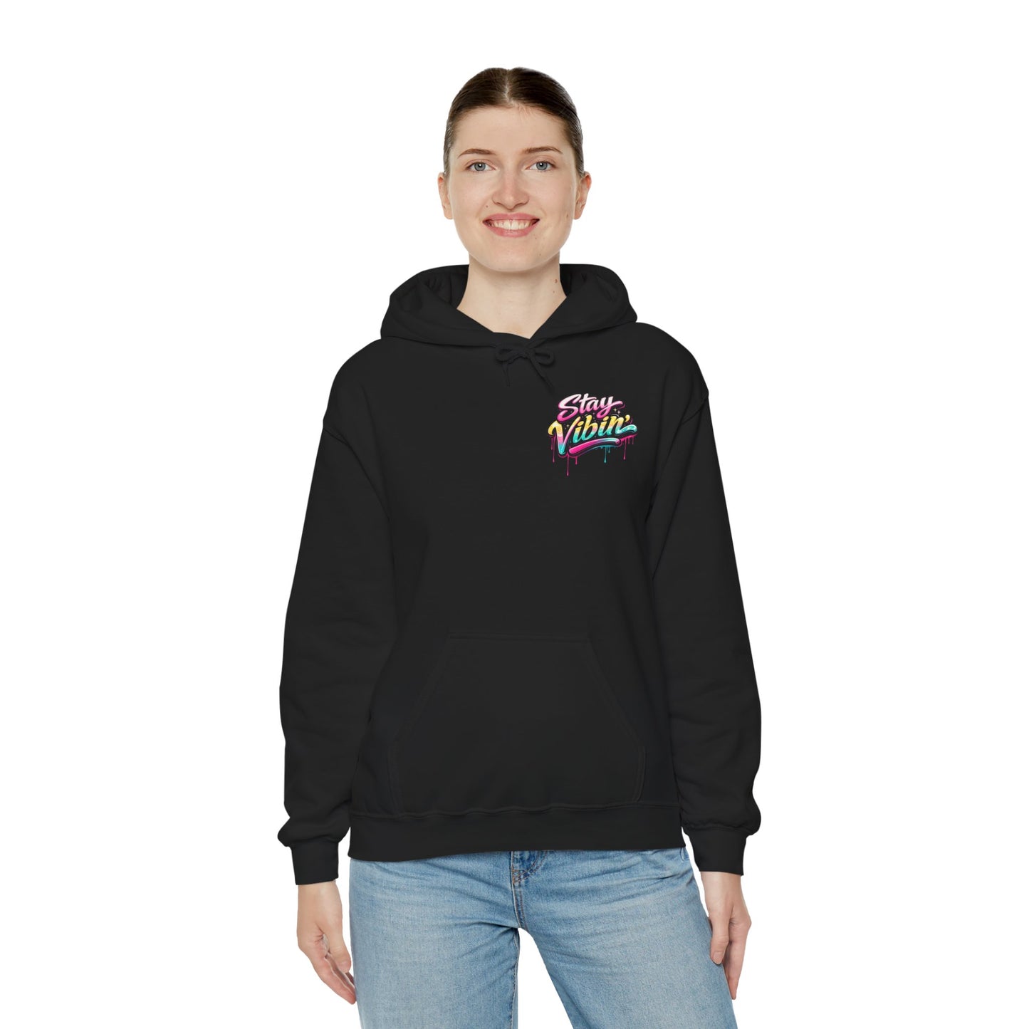 Stay Vibin' Hoodie — Retro Woman Peace Sign Graphic Pullover