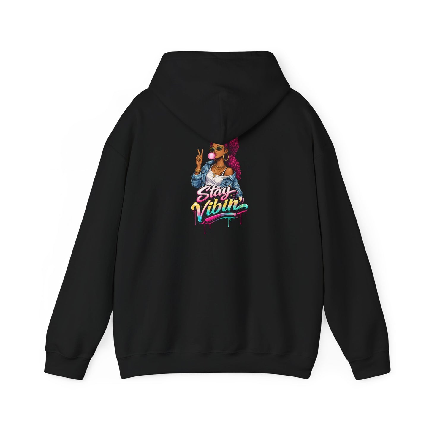 Stay Vibin' Hoodie — Retro Woman Peace Sign Graphic Pullover
