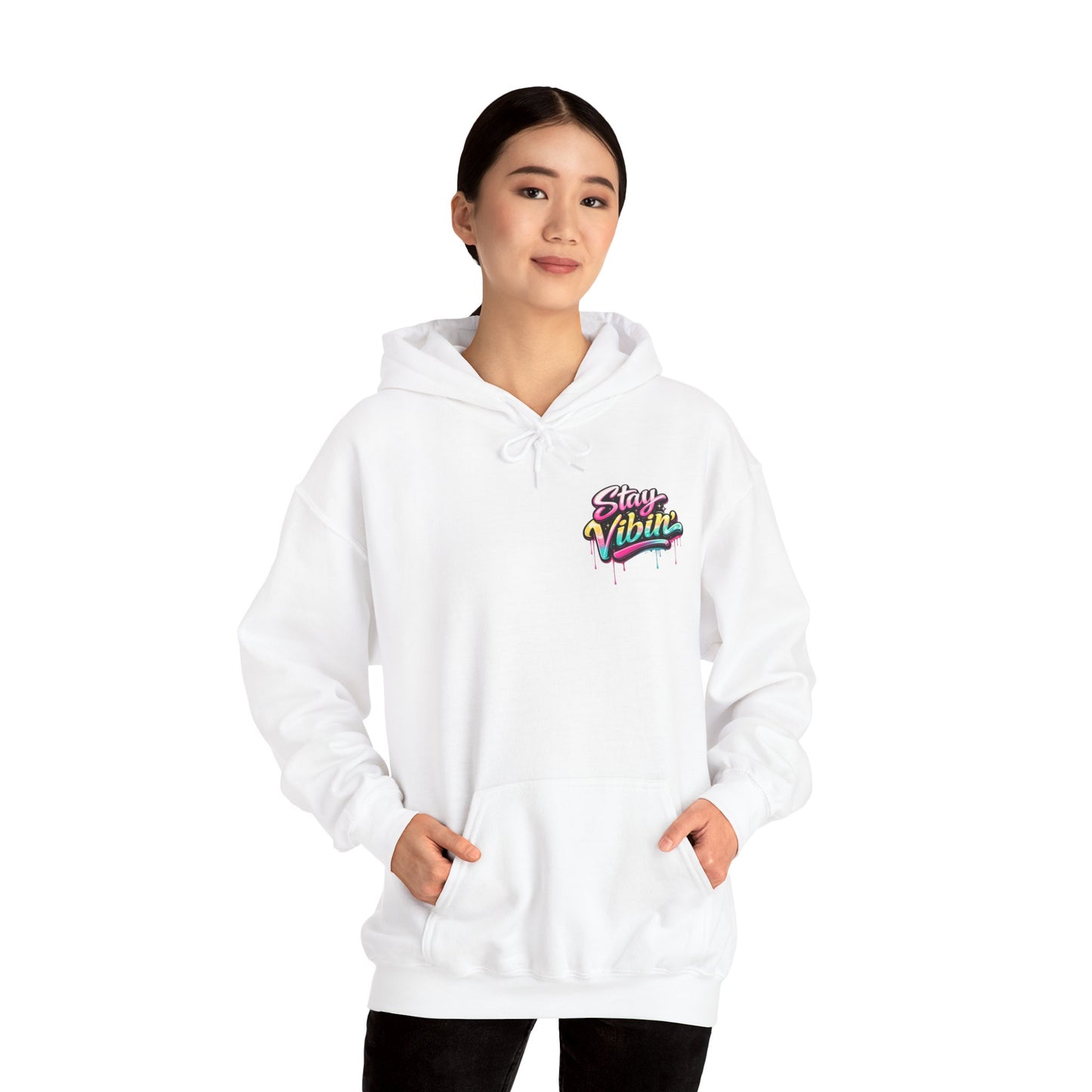 Stay Vibin' Hoodie — Retro Woman Peace Sign Graphic Pullover