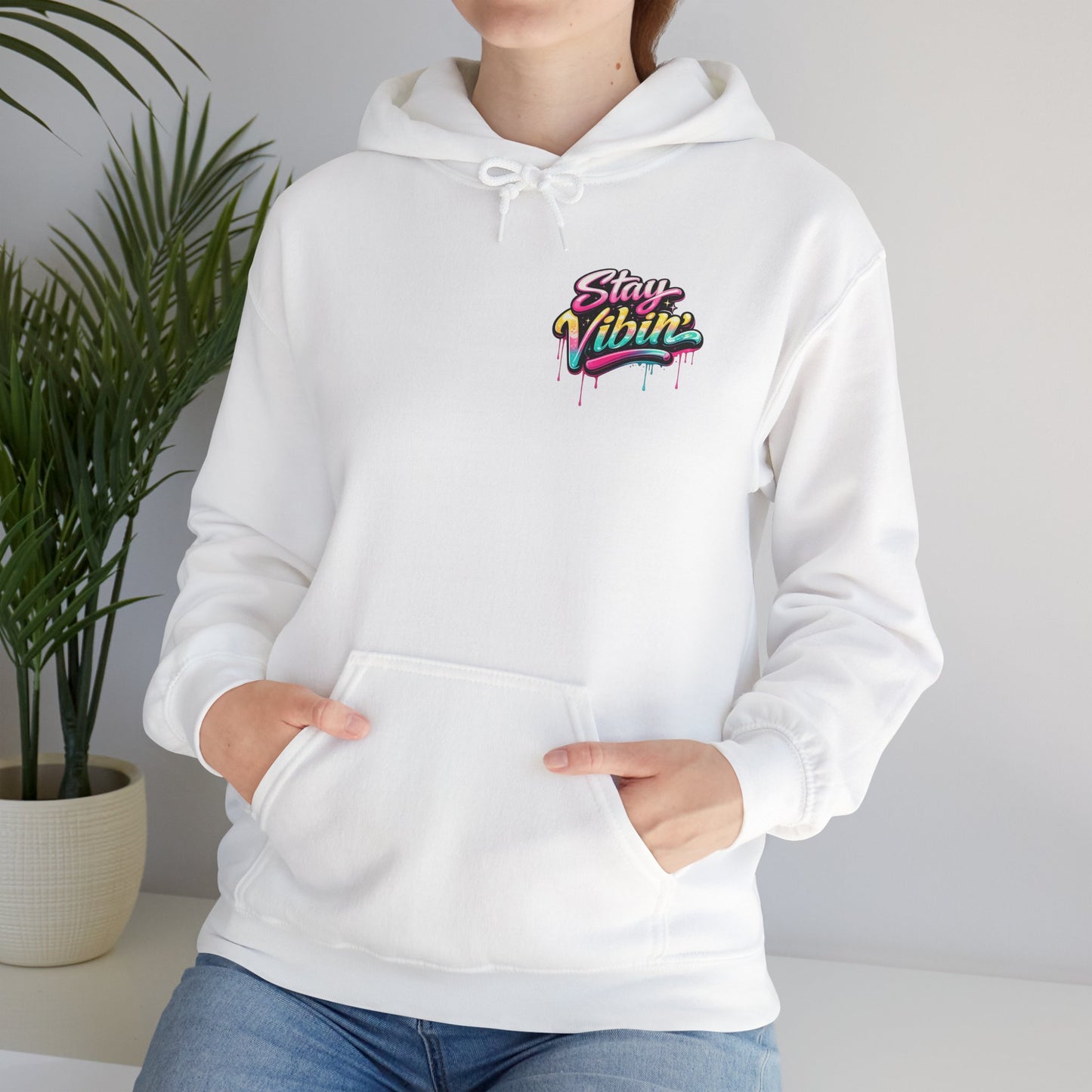 Stay Vibin' Hoodie — Retro Woman Peace Sign Graphic Pullover
