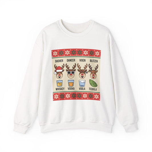 Reindeer Cocktail Names Sweatshirt | Dasher Dancer Vixen Blitzen with Whiskey Vodka Tequila