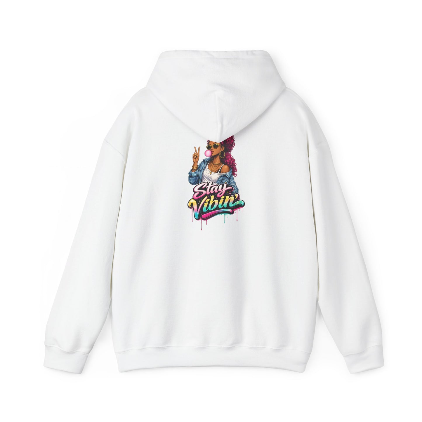 Stay Vibin' Hoodie — Retro Woman Peace Sign Graphic Pullover